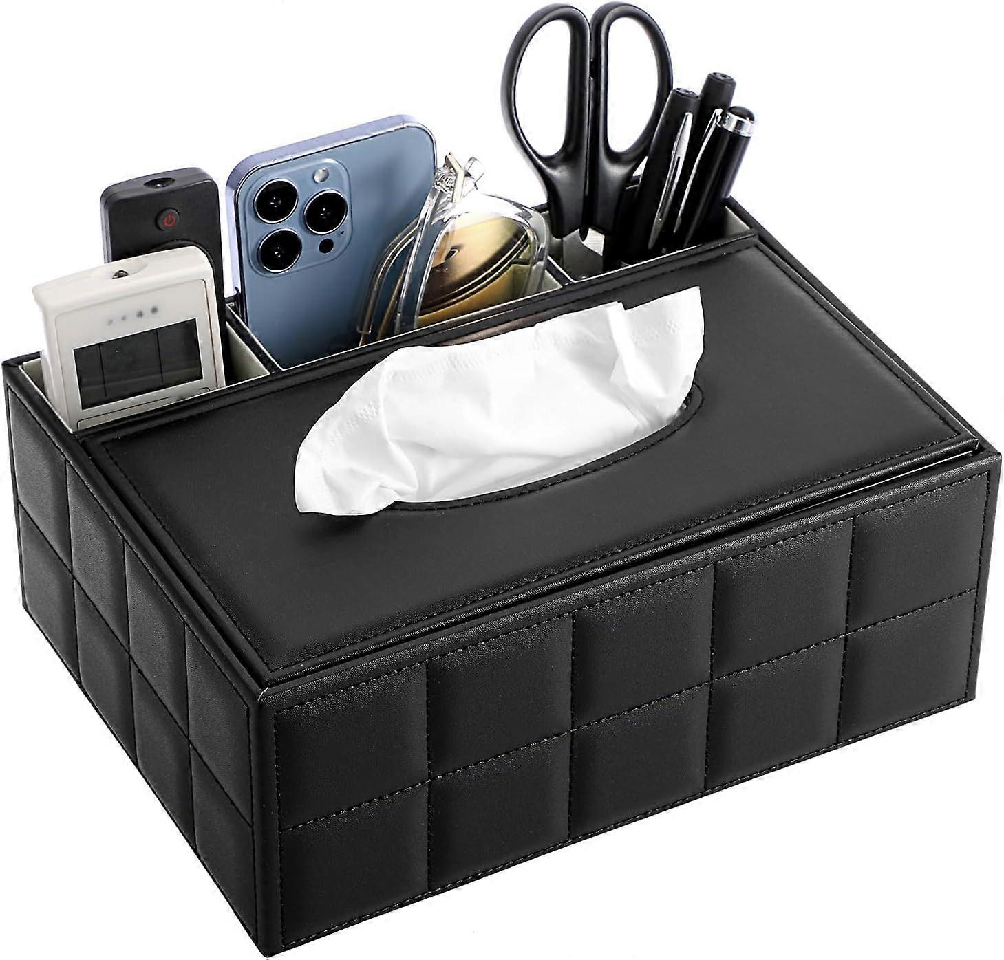 Leather Household Office Rectangular Tissue Box Remote Control Storage Holder - Black