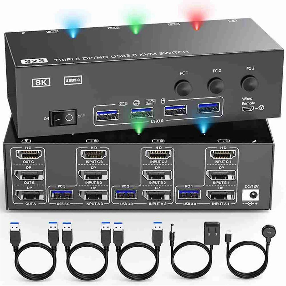 4K@144Hz -Compatibele KVM-schakelaar, 3 monitoren, 3 computers, 2 Displayport, KVM-schakelaar, 8K@30Hz, met 4 USB