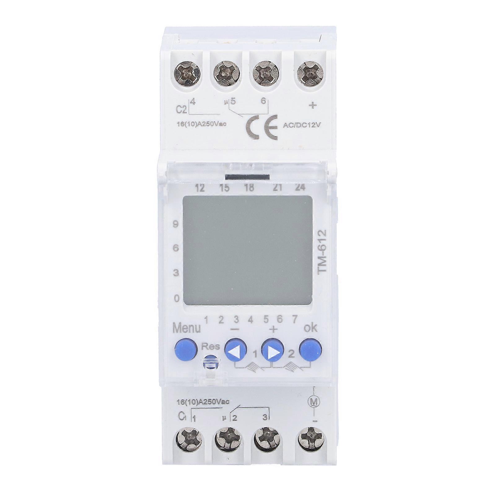 Time Control Switch Intelligent Power Supply Guide Rail Timer TM612 2‑Output DC12V
