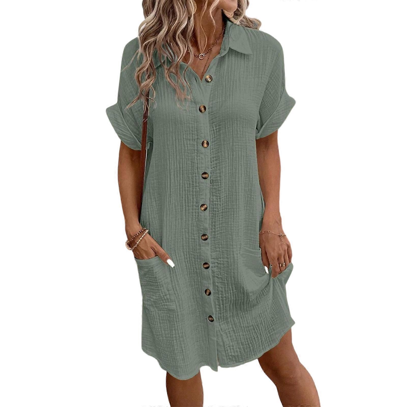 Elegant Button Front Cotton Summer Dress Women Loose Fit V Neck Casual  Blouse Dress Beachwear Midi Length with Pockets S Gray green | Fruugo UK