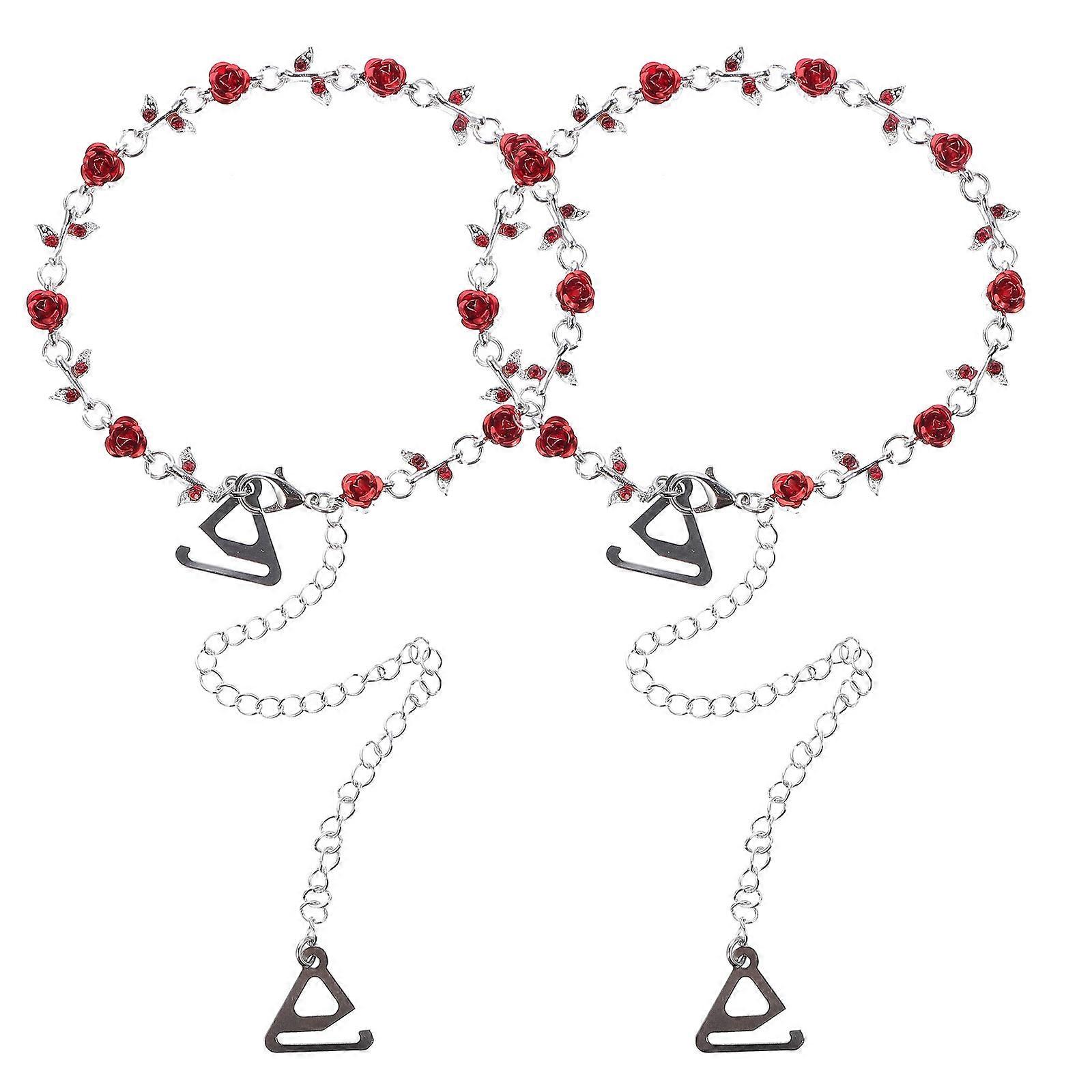 Rose Decor Nonslip Shoulder Straps for Underwear with Zinc Alloy Hooks and Adjustable Length Red