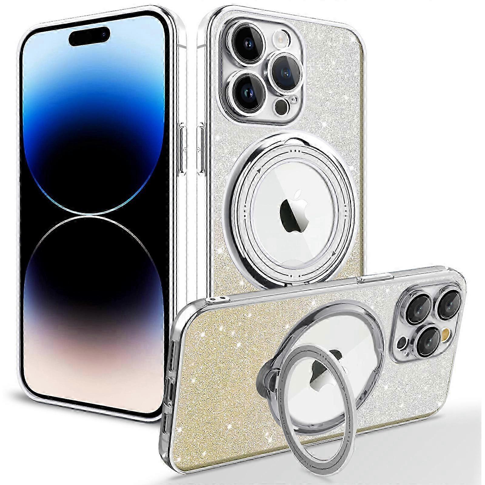 Suitable for Samsung S24 Electroplating Magnetic Suction Protective Pase, Rotating Bracket Flashing Case with Finger Ring