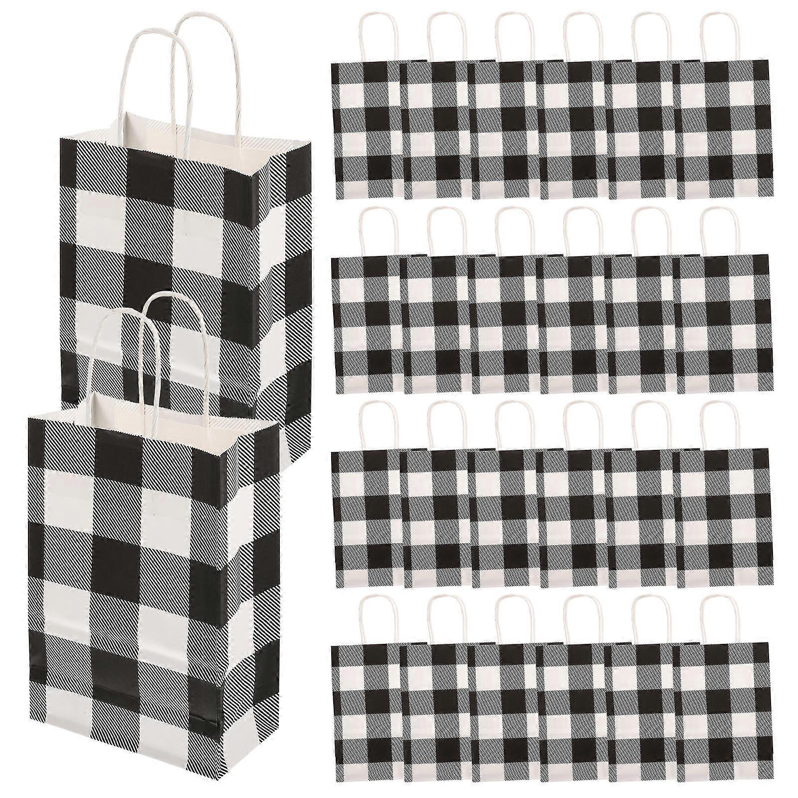 20pcs Sturdy Checkered Kraft Paper Gift Bags Bulk for Christmas, Birthdays, Weddings, and Retail Use – Black and White Goody Bags for Party Favors