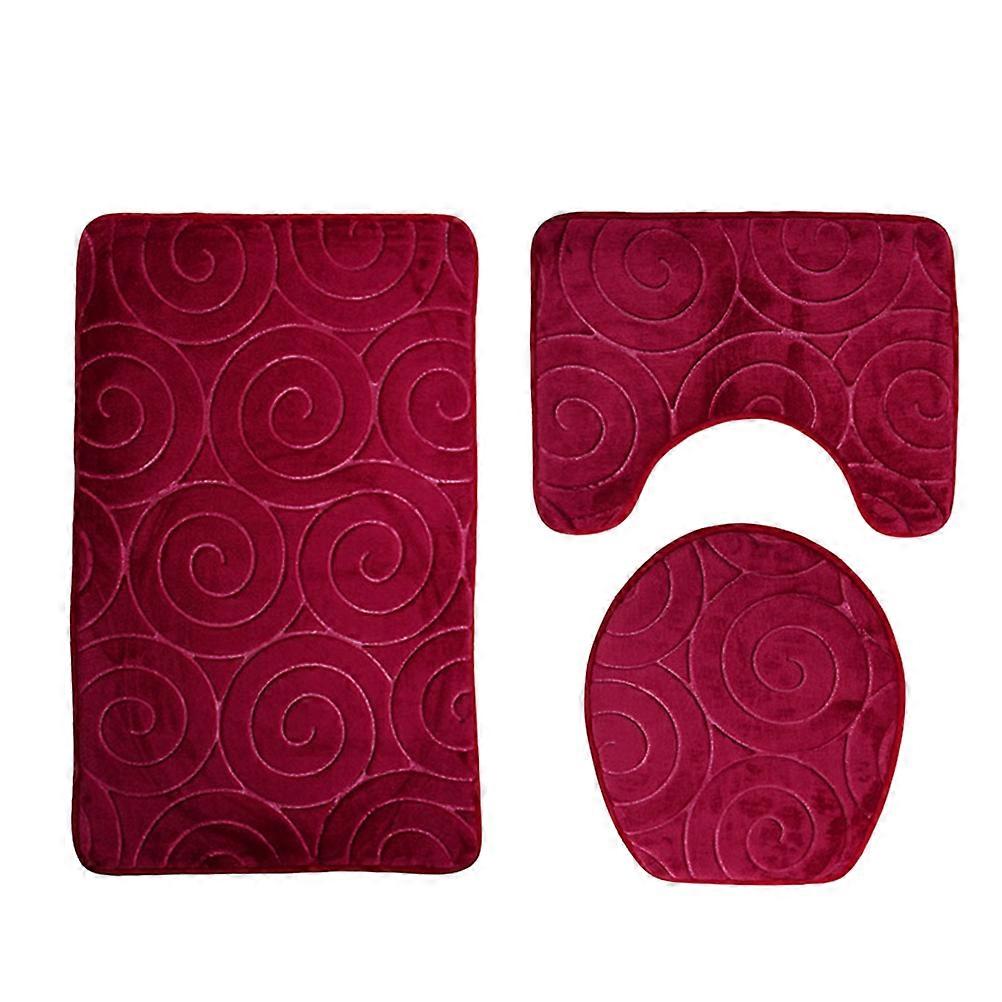 Bathroom Toilet Rugs Flannel Embossed Circle Nonslip Red 48X39Cm Quick Evaporation Three Pieces