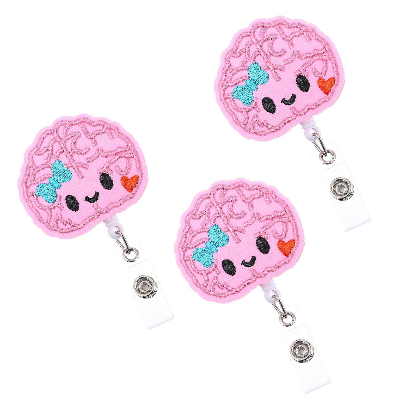 Cartoon Brain Shaped 3Pcs Badge Reel For Volunteers With 360-Degree Rotation Ideal For Classroom And Hospital Use