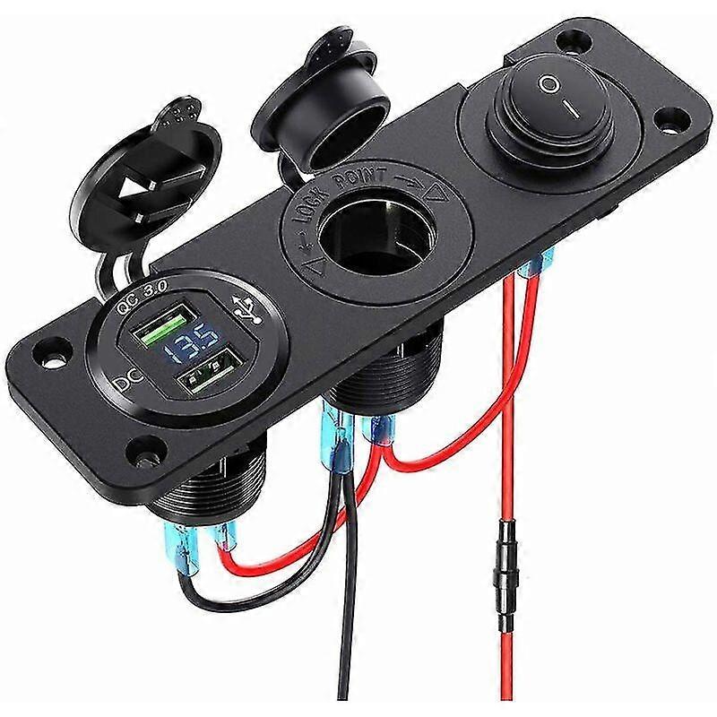 Cigarette Lighter Splitter 12 V - 24 V Dual QC3.0 with LED Display Voltmeter, USB Socket, Waterproof Switch - for Car, Boat, Motorcycle, Truck.