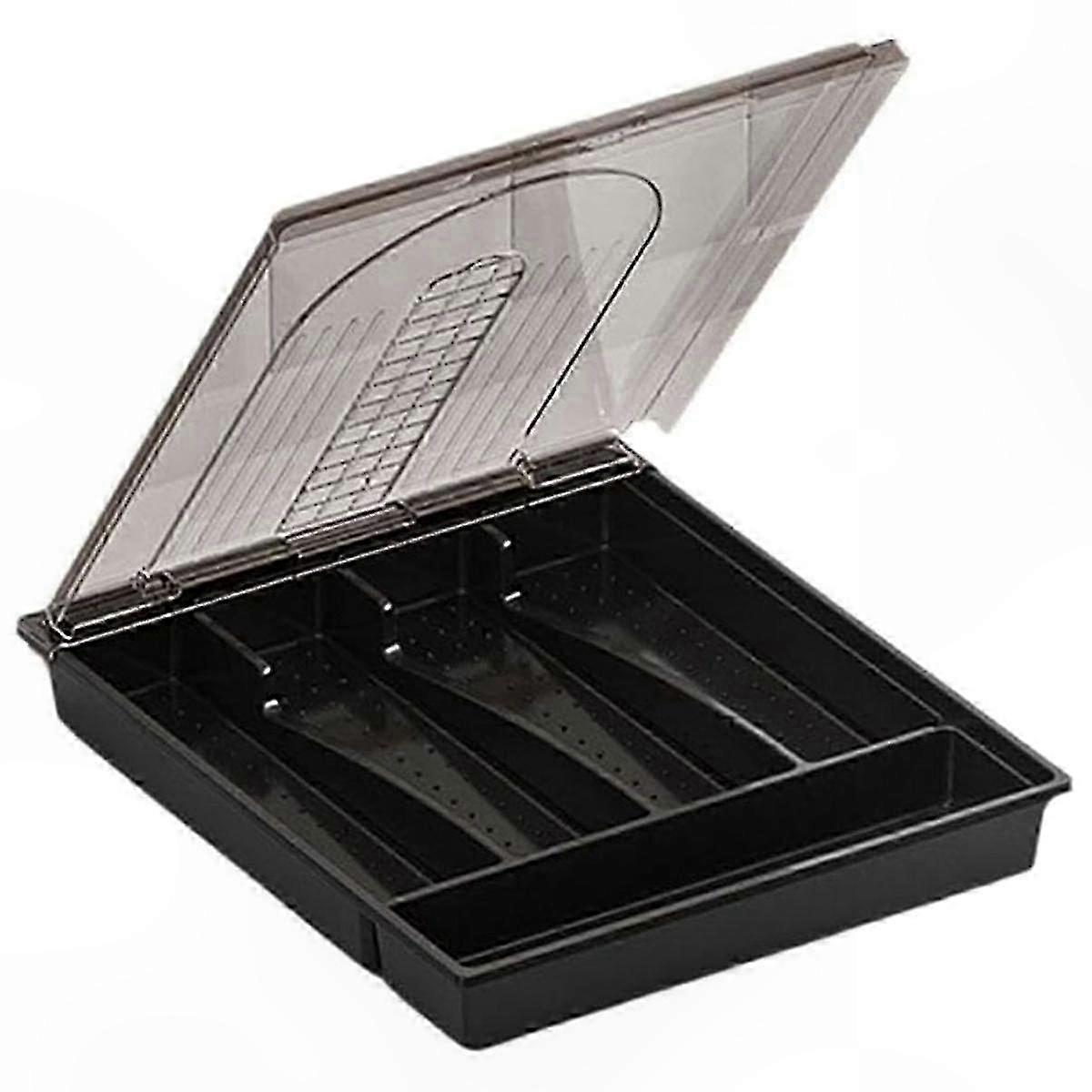 Kitchen Drawer Organizer with Lid, Plastic Storage Box for Cutlery and Flatware, Covered Compartments Utensil Tray