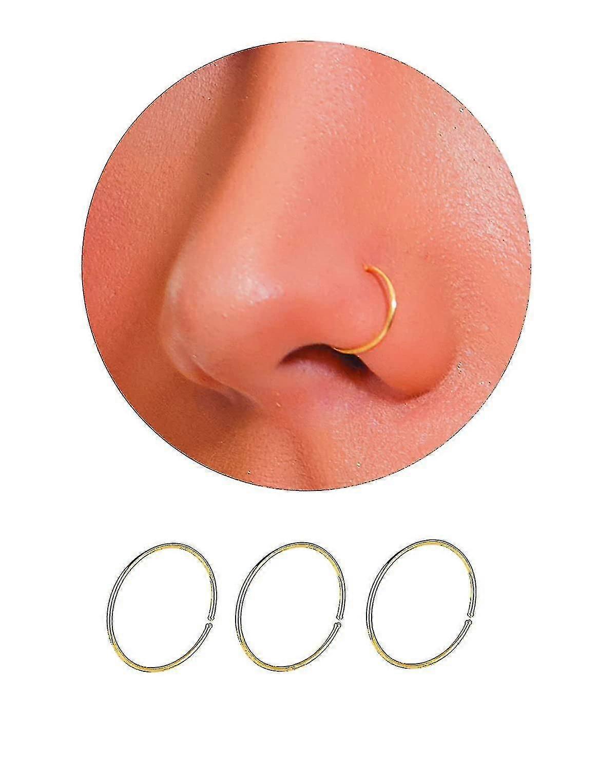 女性のための14kゴールドノーズリングフープ、薄いノーズピアスジュエリー(ゴールド、3個 - 8mm 22ゲージ)