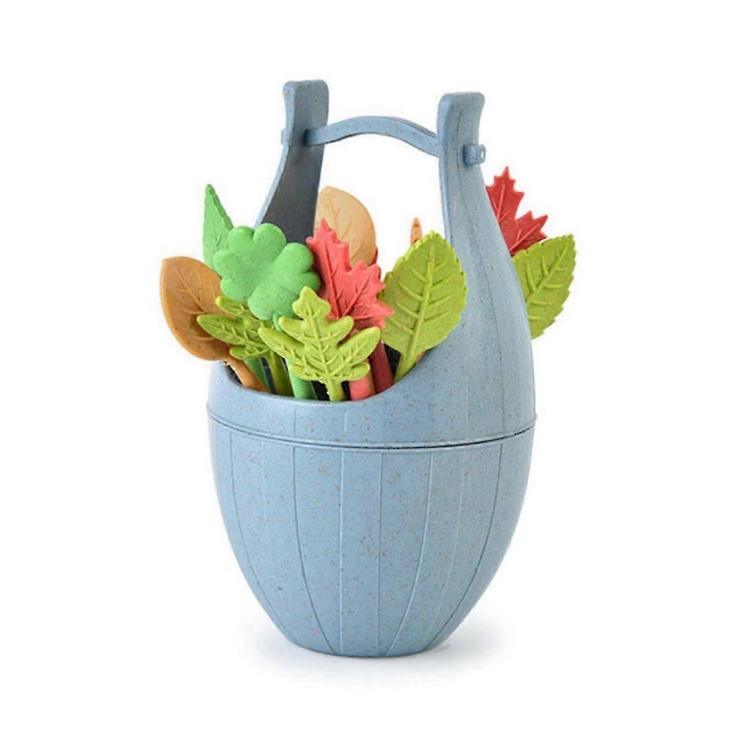Wheat Straw Fruit Fork With Storage Bucket Mini Toothpick,Blue