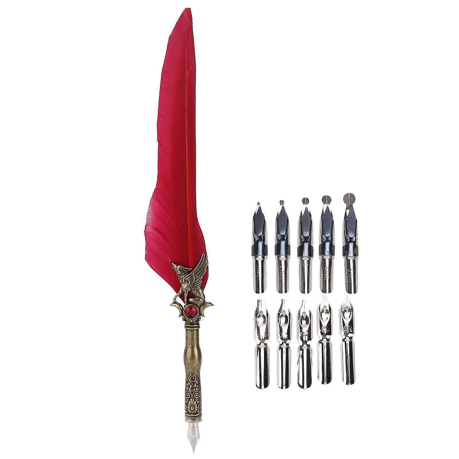 Feather Pen Craft Retro Carved Stainless Steel Dip Pencil for Signature Gift Table DecorationCrimson