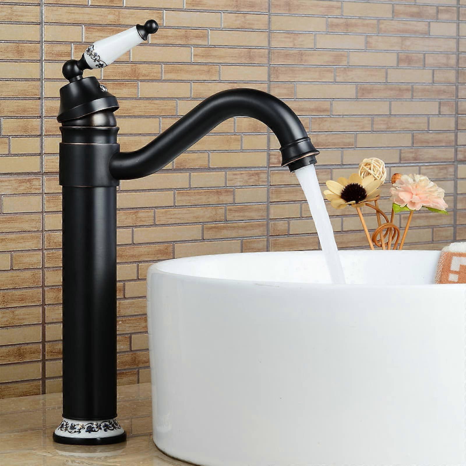 Bathroom Sink Brass Faucet Retro Style Hot And Cold Water 360Degree Swivel Spout Ceramic Handle Black Commemoration Day
