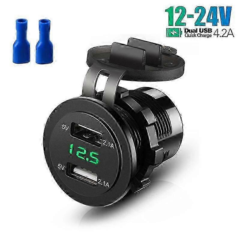 Dual USB 4.2A Car Boat Motorcycle Tractor Ciga rette Lighter Socket Modified Car Charger Fast Charge with Voltage Display Green Light 12-24V Univ