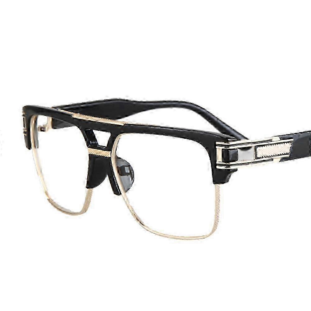 Square Optical Frame Glasses for Men, Large Black Metal Frame with Gold Logo, UV400 Simple Lens Design