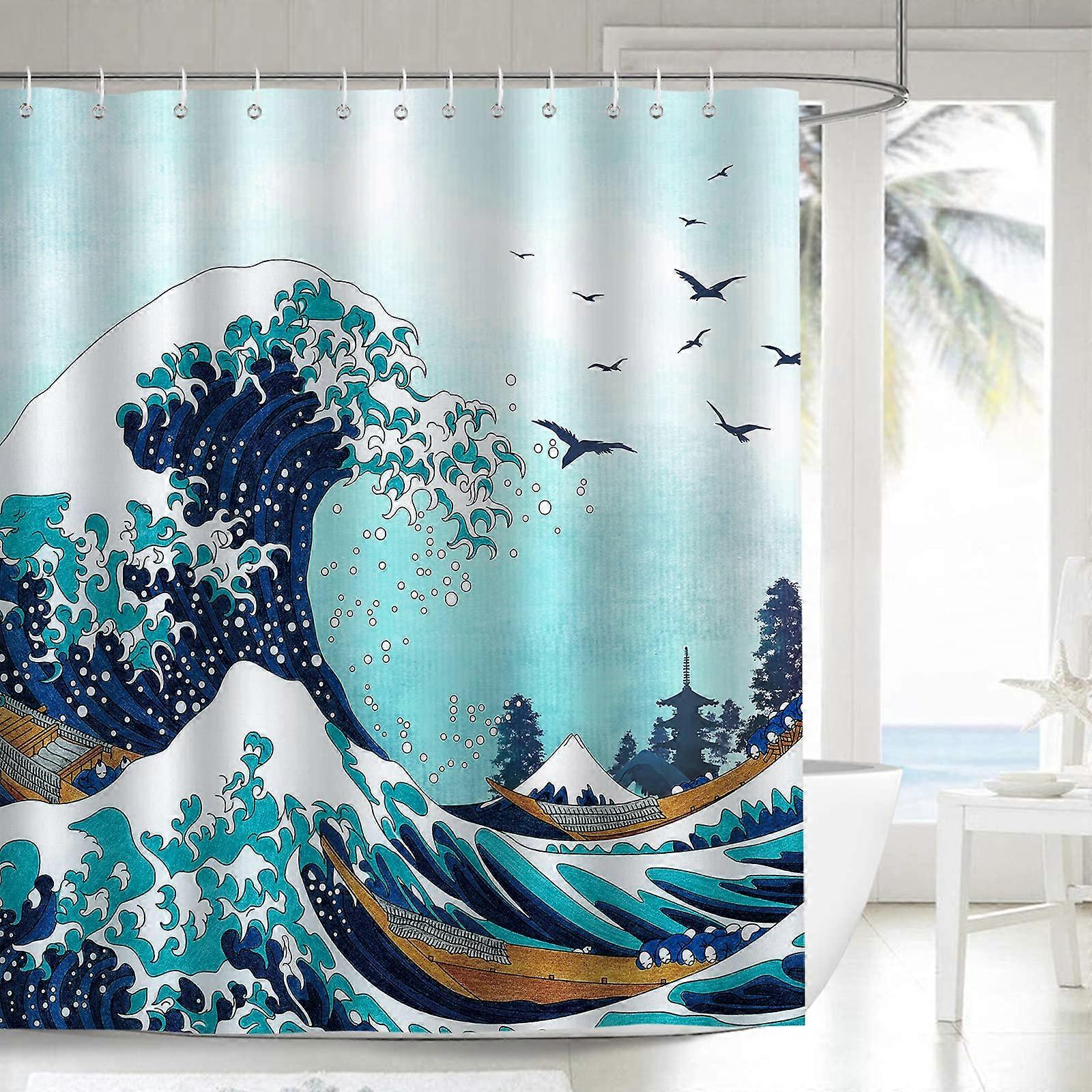 Wave Shower Curtain Ocean Waves 180 X 200 Cm Waterproof Polyester Mildew Resistant 12 Hooks 1 Panel