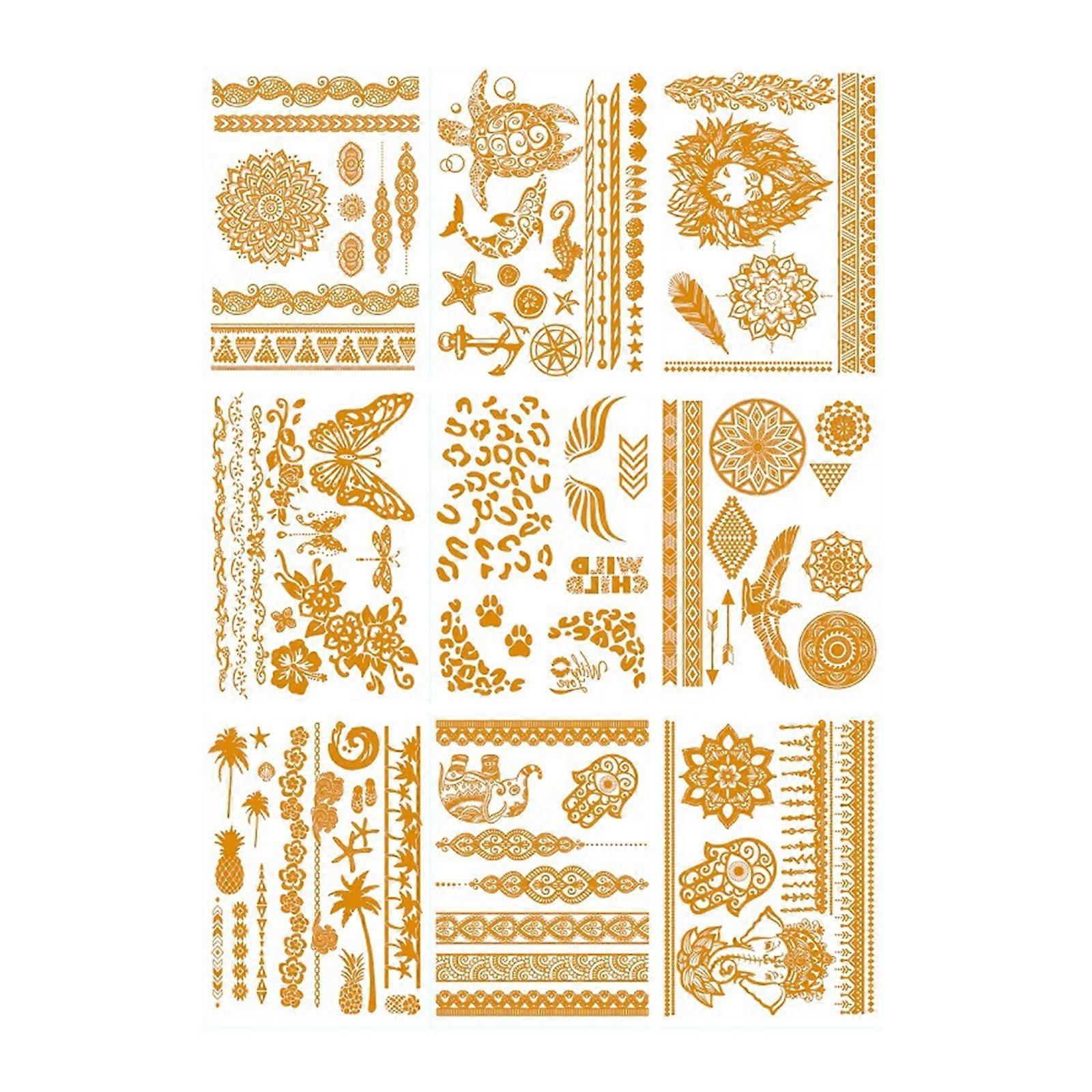 9 Sheets Premium Gold Foil Temporary Tattooing For Parties And Event With Metallic Designs And Easy Application Multicolor