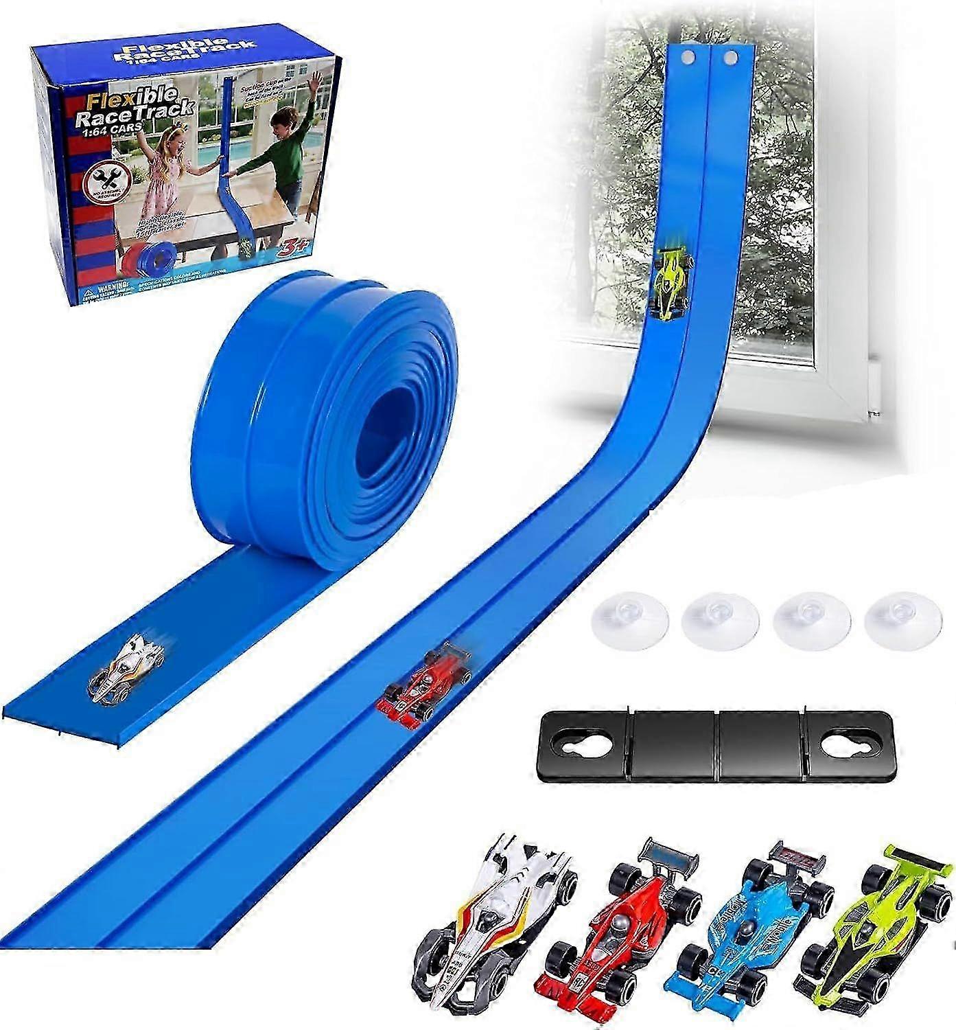 Flexible Race Car Track for Kids 5m Flex Tracks Starter Set Compatible with Diecast 1/64th Cars Portable Rolls Up Race Tracks with Strong Suction Cups