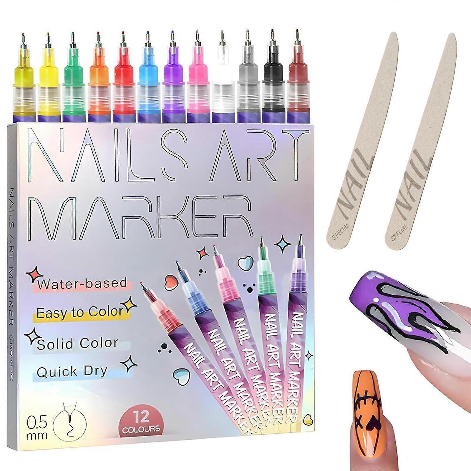 12 Colors Nail Art Pens Set with 0.5mm Precision Tip, QuickDry Markers for Detailed Designs