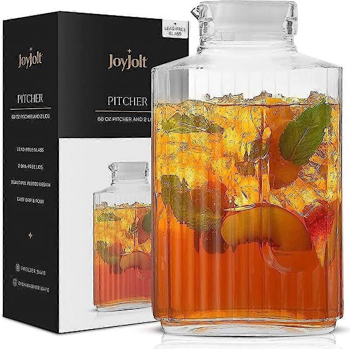 JoyJolt 68oz Glass Pitcher with Lid (2 Lids) - Rectangle Pitcher Beverage Serveware and Storage Container