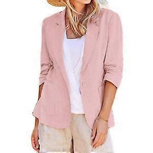 Womens Cotton Linen Solid Casual Jacket Suit OL Work Ladies Collar Button Blazer