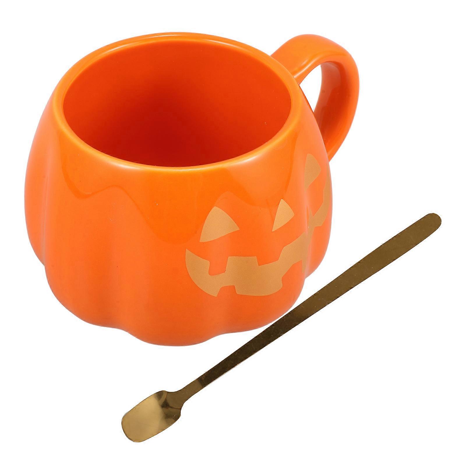 Ceramic Mug Pumpkin Face Coffee Mug for Home Use 1Set with Spoon