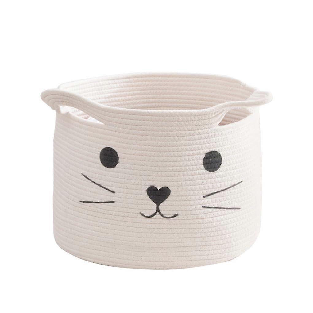 Large Capacity Cat Pattern Woven Cotton Rope Laundry Basket with Durable Handles for Clothes Storage