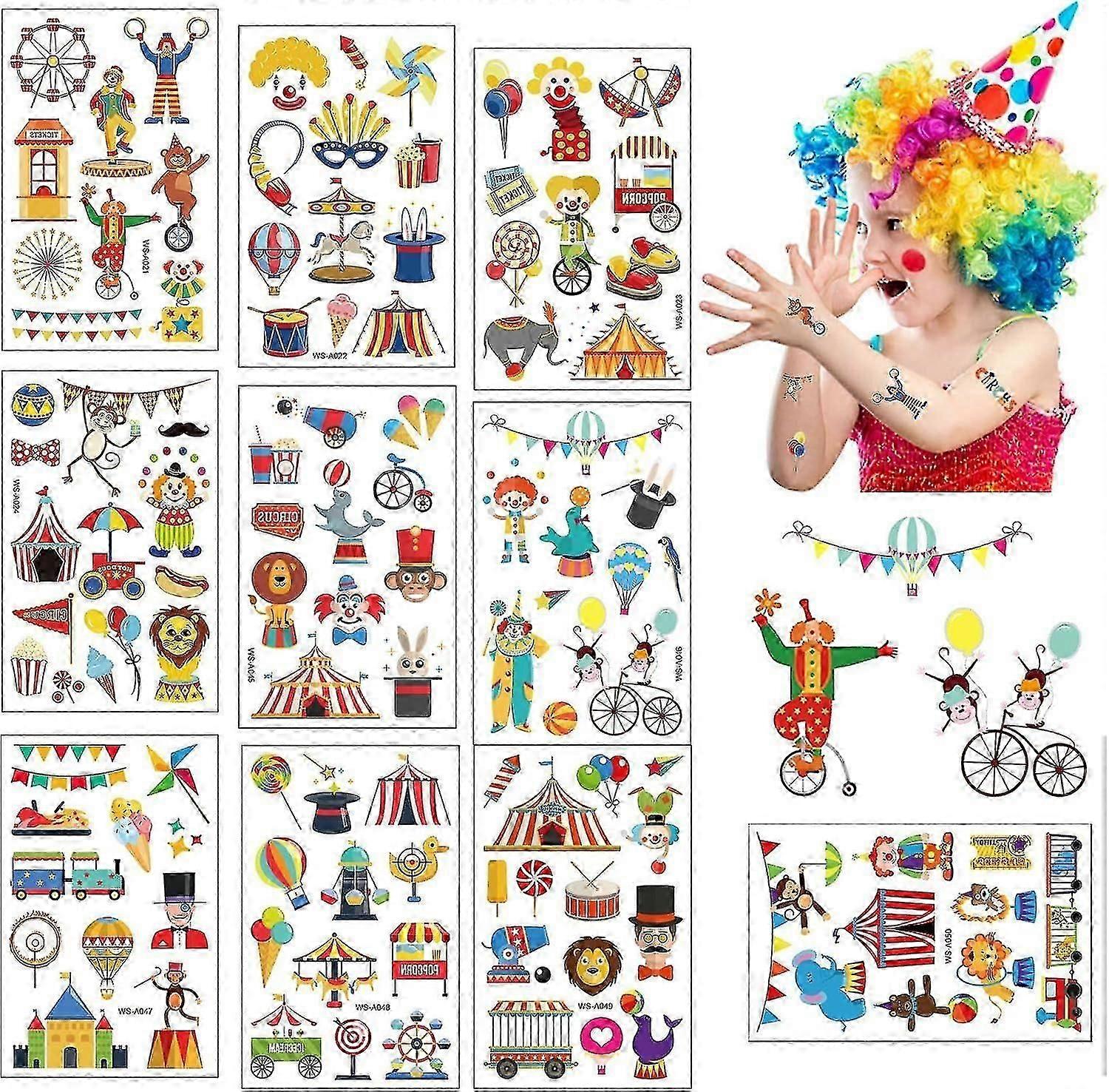 Circus Temporary Tattoos For Kids, 10 Tattoo Sheets