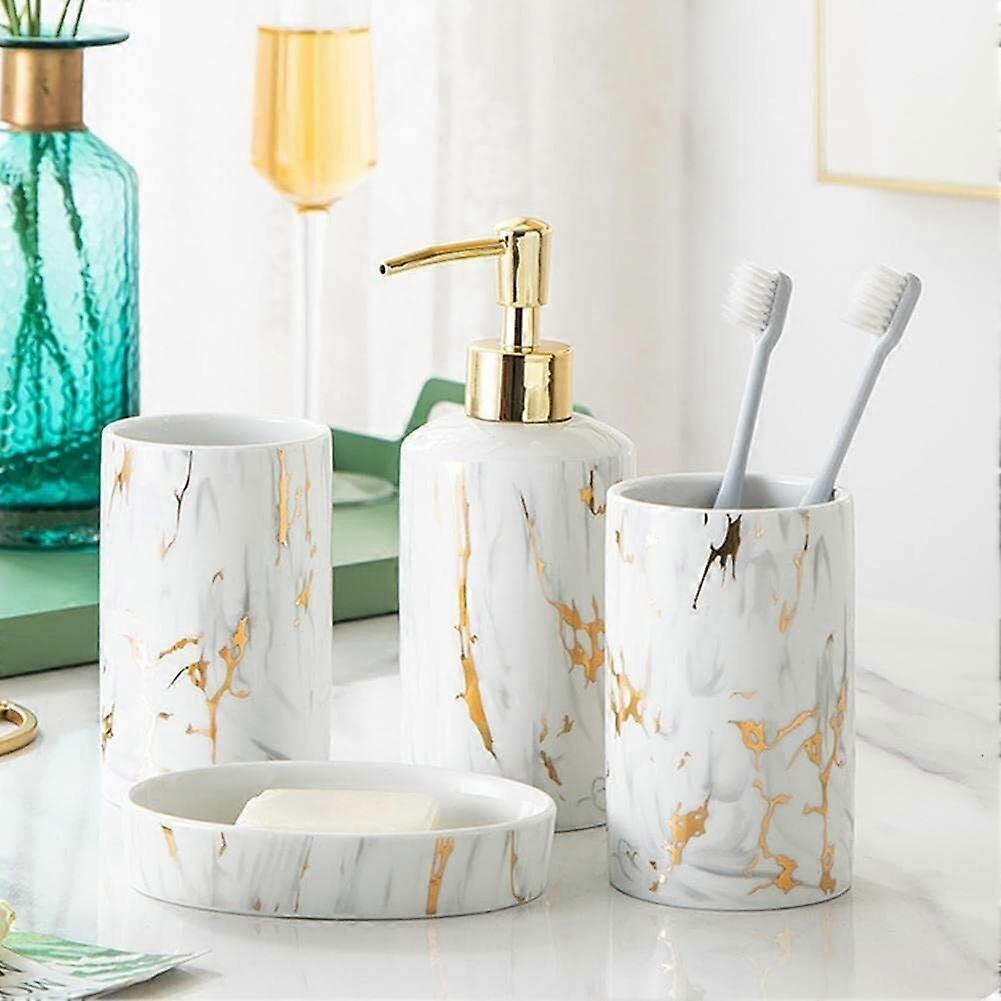 Bathroom Accessories Set 4 Piece Ceramic Marble Effect Decor Victorian Style Elegant and Durable