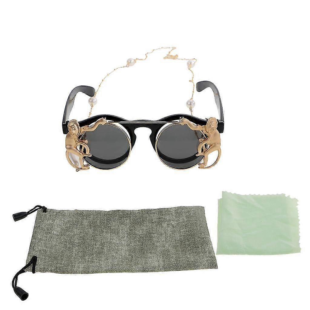 Double Flip Glasses Monkey Pearl Chain Cord Retro Sunglasses