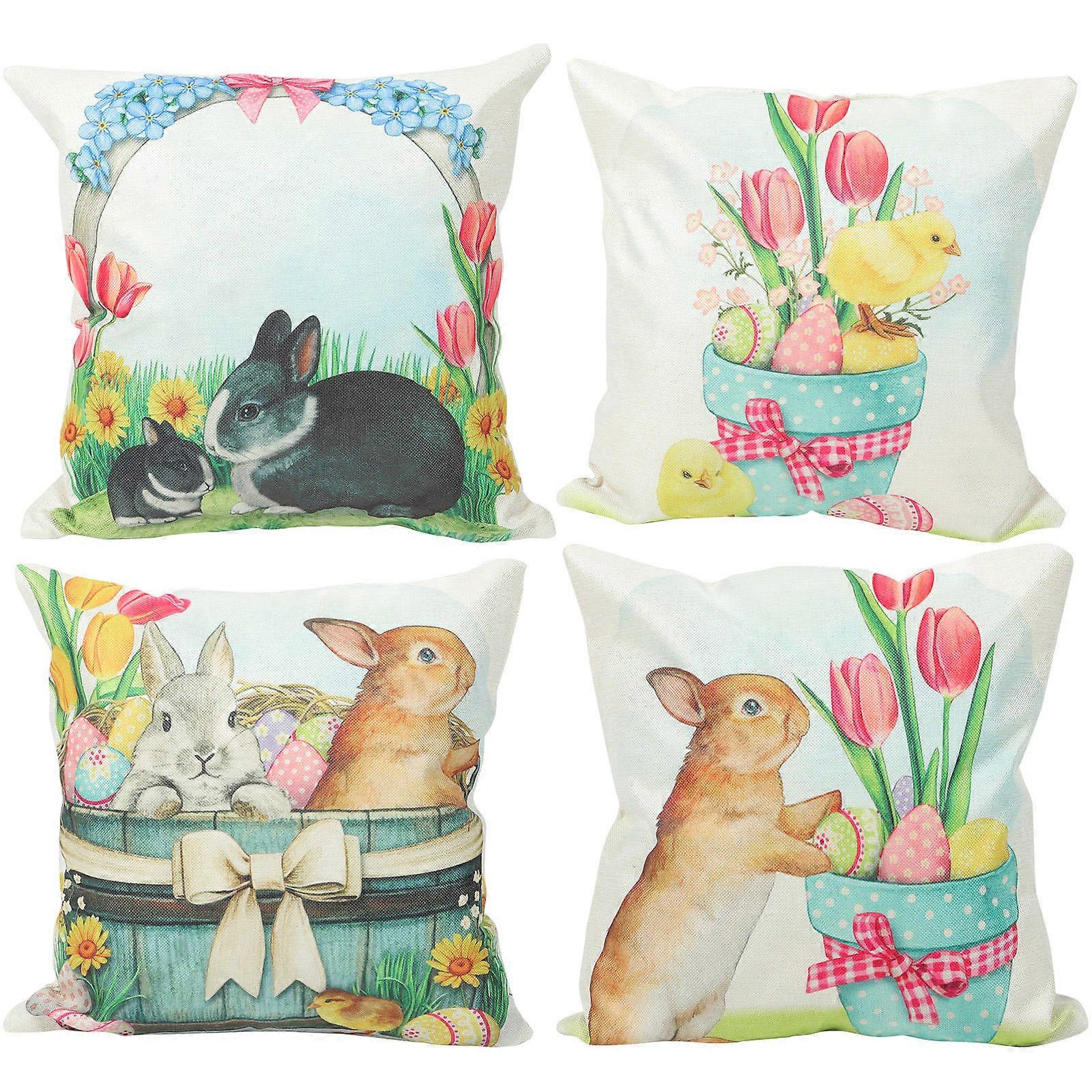 Easter Rabbit Throw Pillowcase for Home Use 4Pcs Flax Pillow Covers