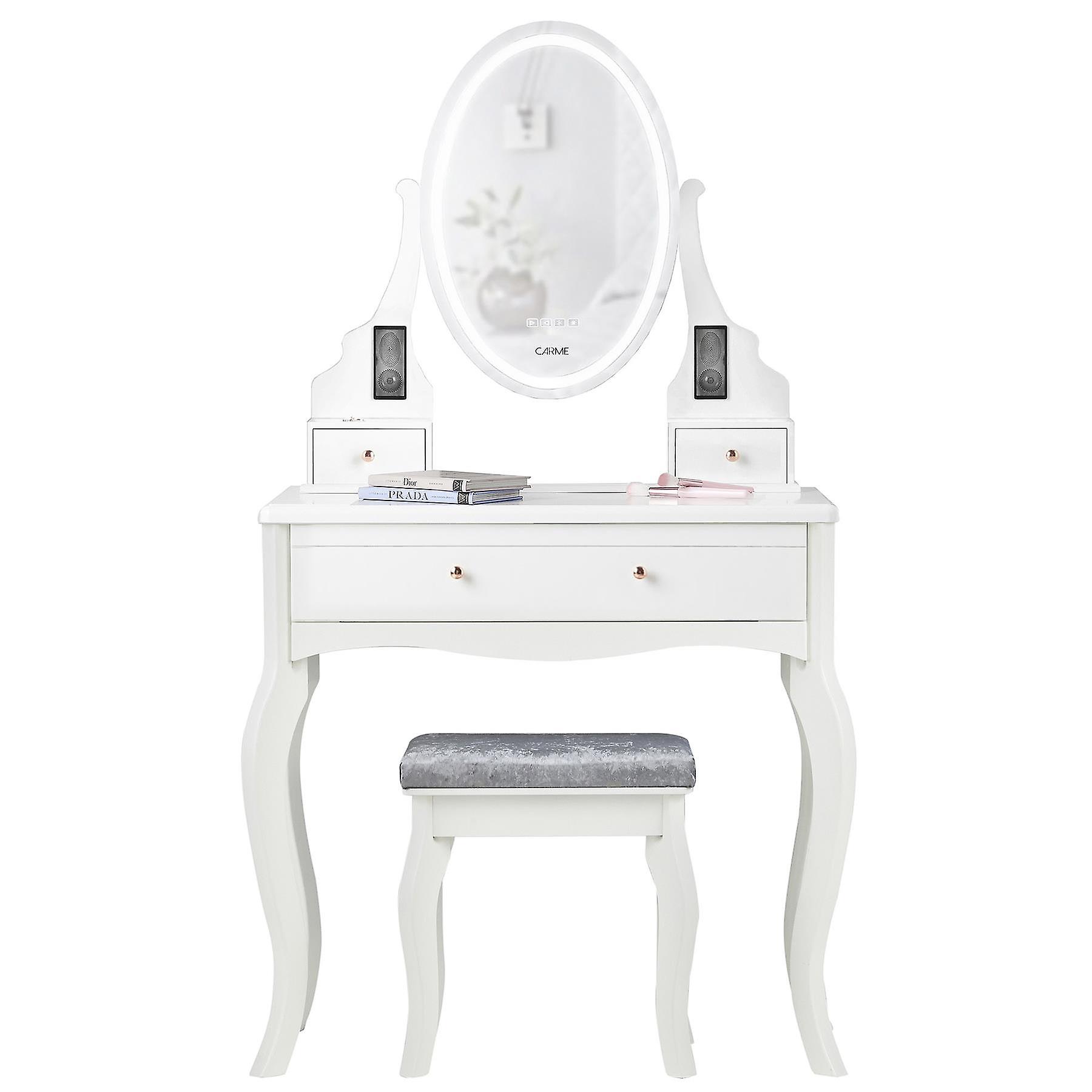 Molly Dressing Table with Touch LED Lights Mirror Bluetooth Speakers Stool Set White