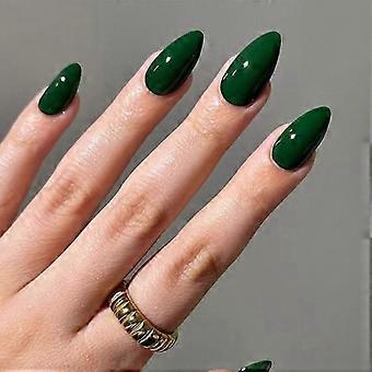 Press On Nails Set, Short Almond Emerald Green, Reusable Fake Nails with Adhesive Glue