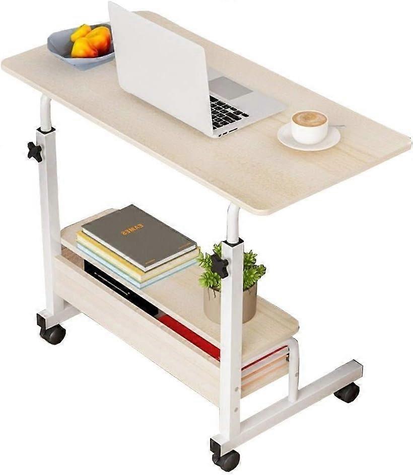 Overbed Table with Wheels Adjustable Height CShaped Bedside Laptop Desk Double Storage Shelf