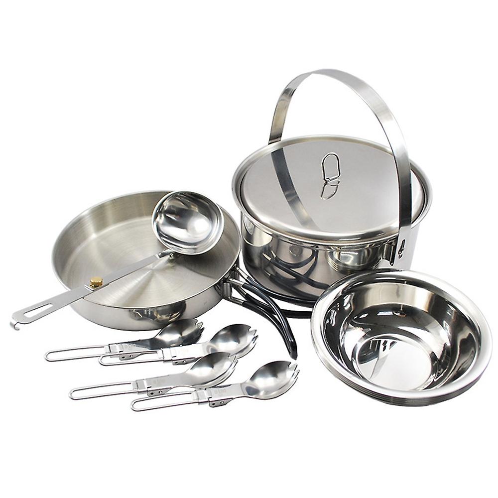 Camping Cookware Mess Kit for 4 Persons Stainless Steel Cooking Set with Pot Pan Soup Spoon Bowls Fo