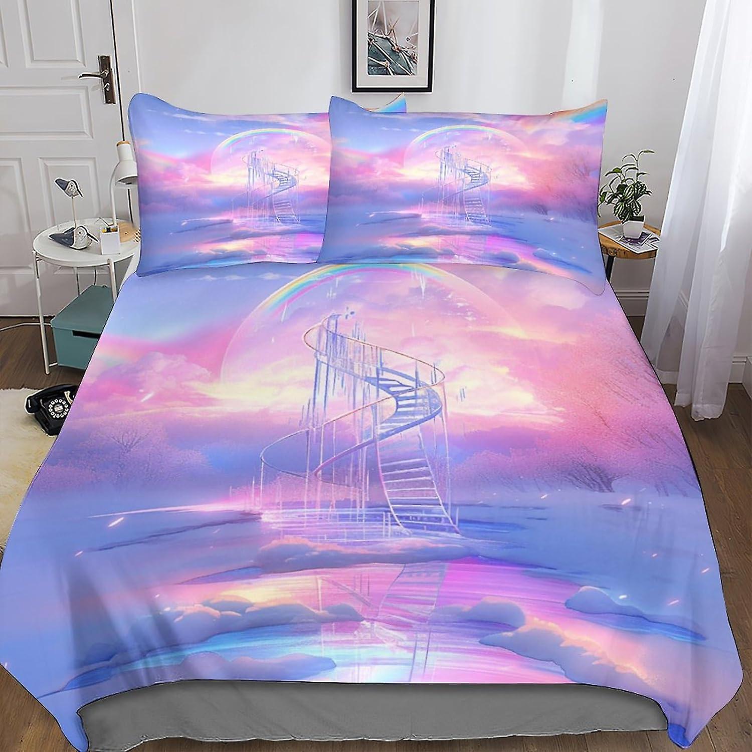 Rainbow Stairs 3D Three-dimensional Digital Print Duvet Cover Bedding, 3 Pieces, Colorful Quilt Cover Piece Matching Pillowcase with Zipper Closure So