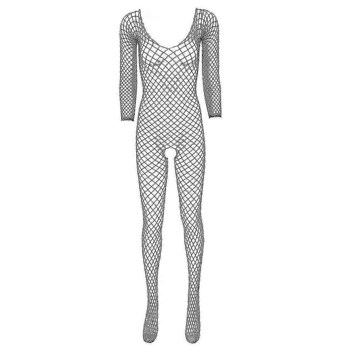 נשים חלולות בגד גוף רשת דגים סקסי הלבשה תחתונה חמה שרוולים ארוכים מפשעה פתוחה בהונות סגורות נמתח גרב גוף מלא גרביונים
