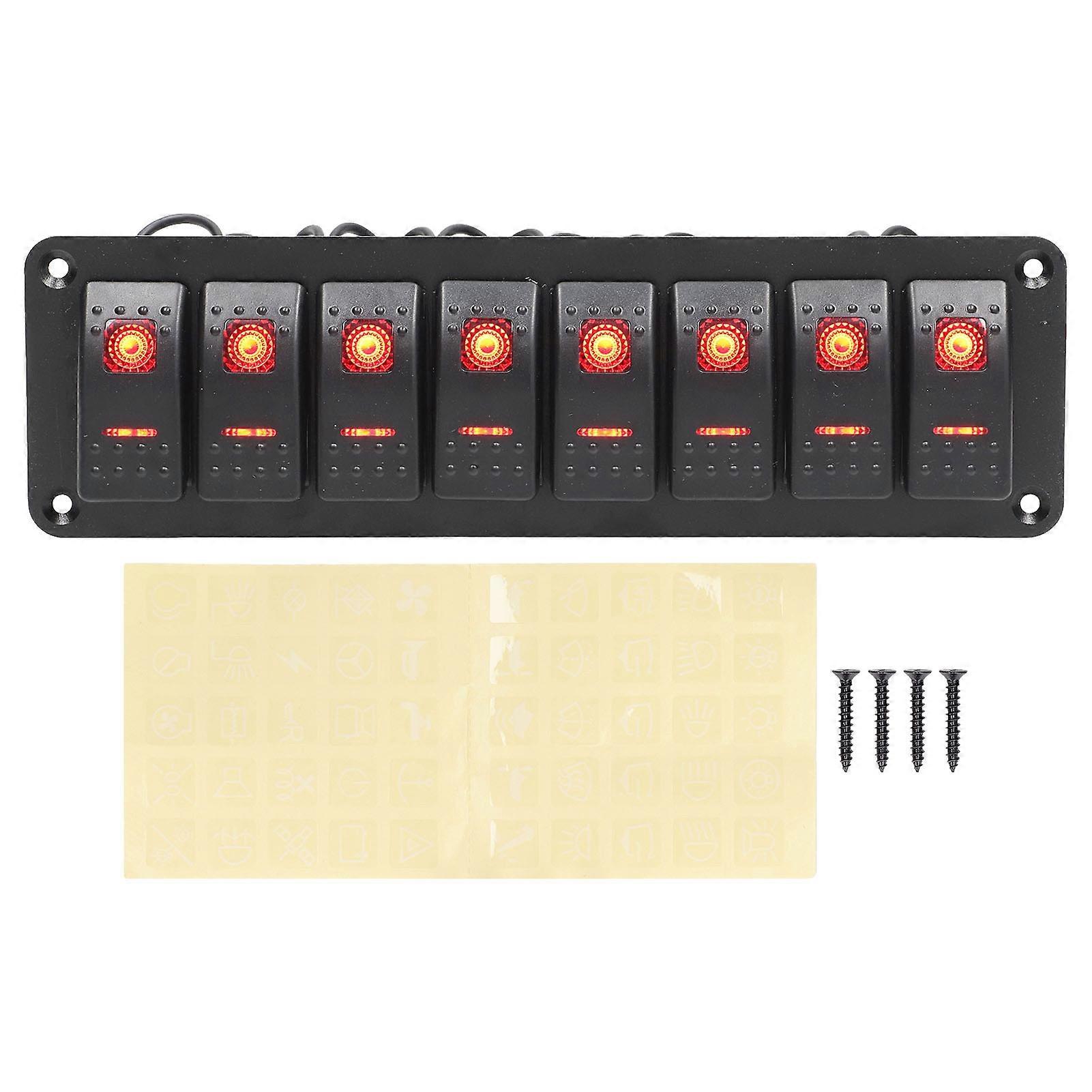 8 Gang Rocker Switch Panel LED Backlit On Off Switch Waterproof Overload Protection Pre Wire for Car RV Bus Marine Boat Red NO.81228