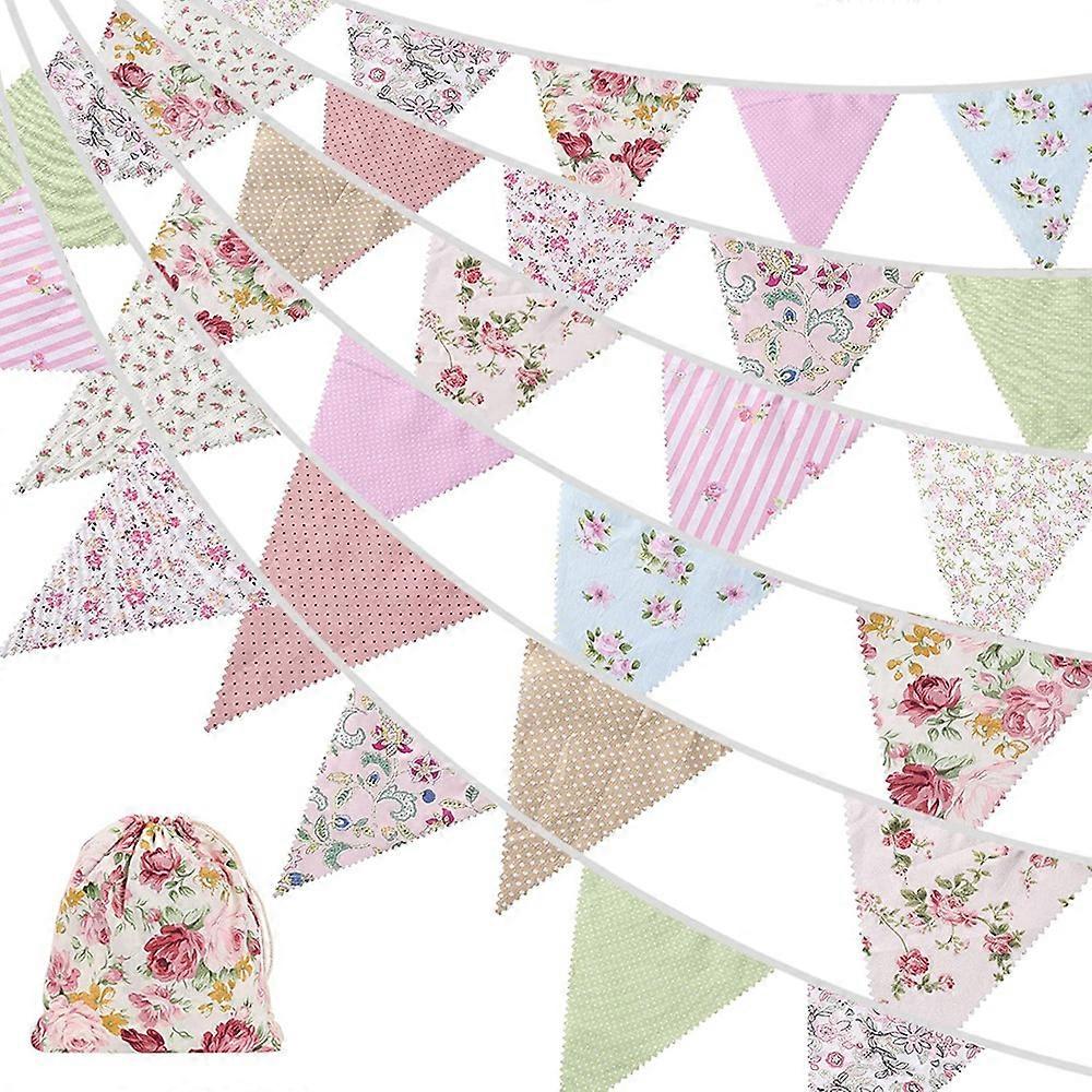 40Ft Fabric Bunting, 42Pcs Outdoor Bunting Banner,Floral Vintage Cotton Triple-cornered Flag for Ga