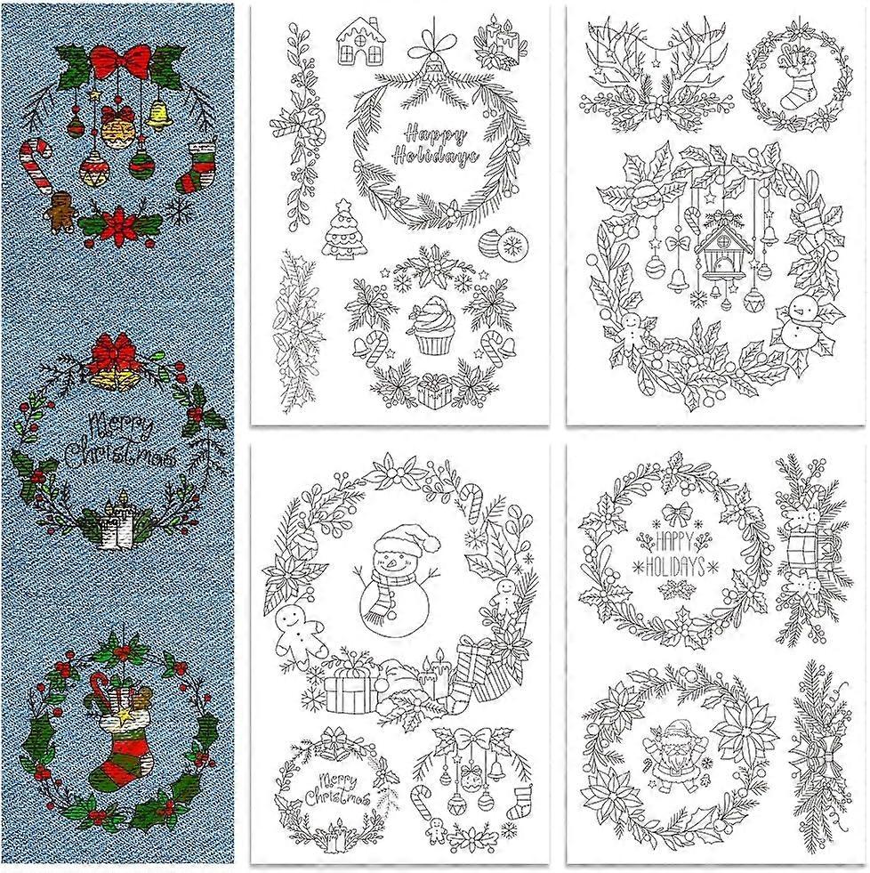4 Sheets Christmas Wreath Stick and Stitch Water Soluble Stabilizer Hand Embroidery for DIY Sewing Embroidery Adhesive Hand Sewing Stabilizers Non-Wov