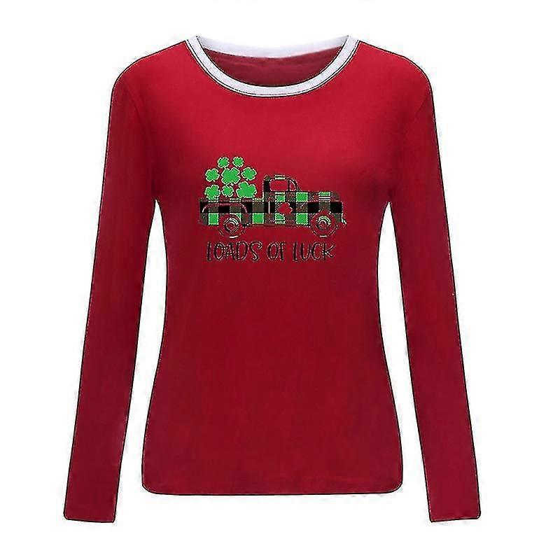 Damen Tee Rundhalsausschnitt T-Shirt Langarm Color Block Tunika Bluse Klee-Print Tops