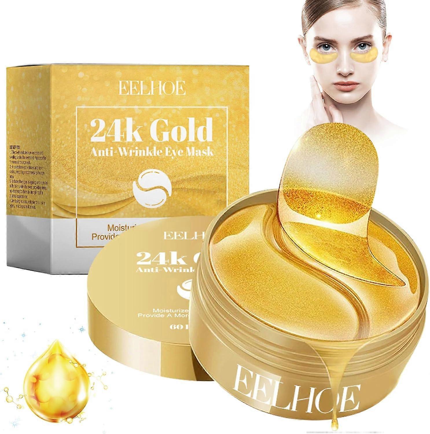 60Pcs 24K Eye Mask, Collagen Eye Mask, 24k Gold Eye Patches, Long-Lasting Moisturizing, Relieves Dark Circles and Puffiness
