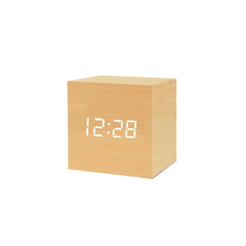 Led Wooden Clock Creative Electronic Clock Square Digital Clock Mini Small Alarm Clock Thermometer Bedside Clock(Log White Characters)