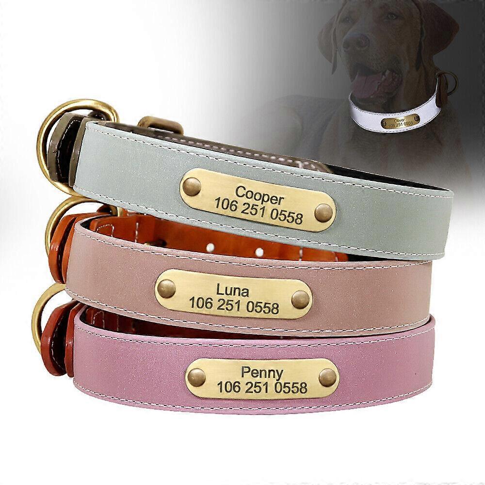 Personalized Dog Collar Leather Reflective Custom Engraved Name ID Tag Collar