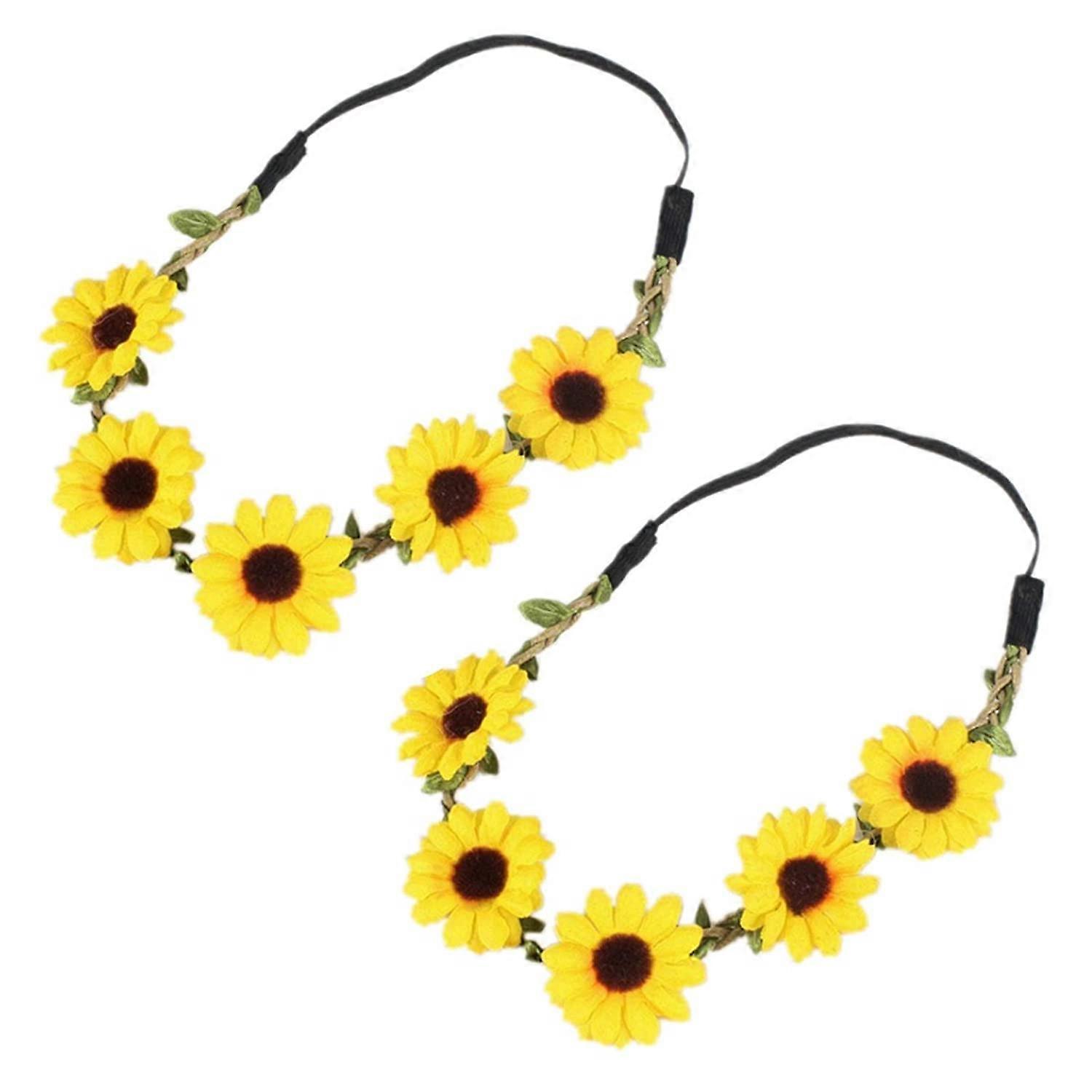 2 Pcs Sunflower Headband Flower Crown Headpiece Women Cute Floral Green Leaf Hair Hoop Hair Band Hairband Boho Holiday Hippie Party Decoration Cosplay