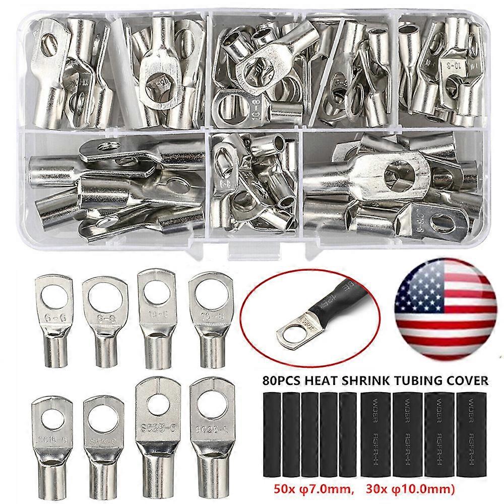 140PCS SC Bare Ring Terminals lug Tinned Copper Tube Lug Seal Battery Crimped/Soldered Wire Connectors + Black Heat Shrink Tube