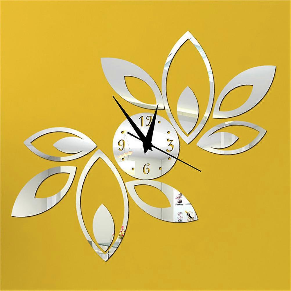 Mirror Wall Clock Rhombus Leaves Sticker Decoration Silver