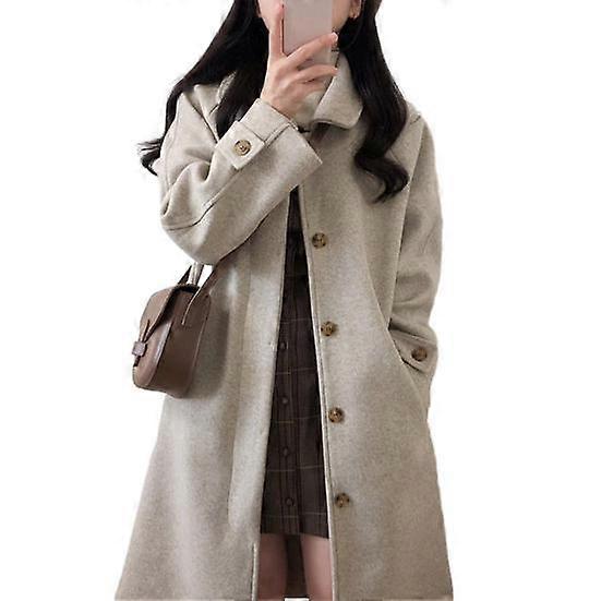 Fall Winter Women Overcoat Turn down Collar Long Sleeve Single breasted Pockets Loose Mid Length Solid Color Soft Warm Thick Lady Mid calf Length Coat