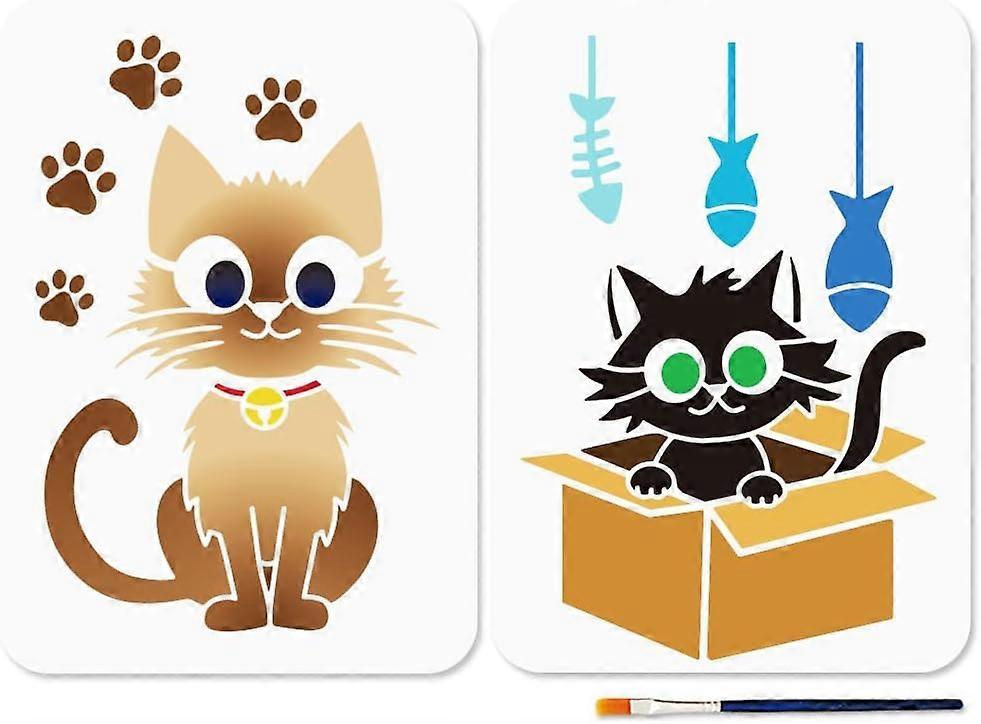2 Styles Cartoon Cat Fish Bones Stencil 11.7x8.3inch Cat Animal Paw Prints Stencil with Paint Brush Cardboard Box Cat Pet Template for Craft on Window