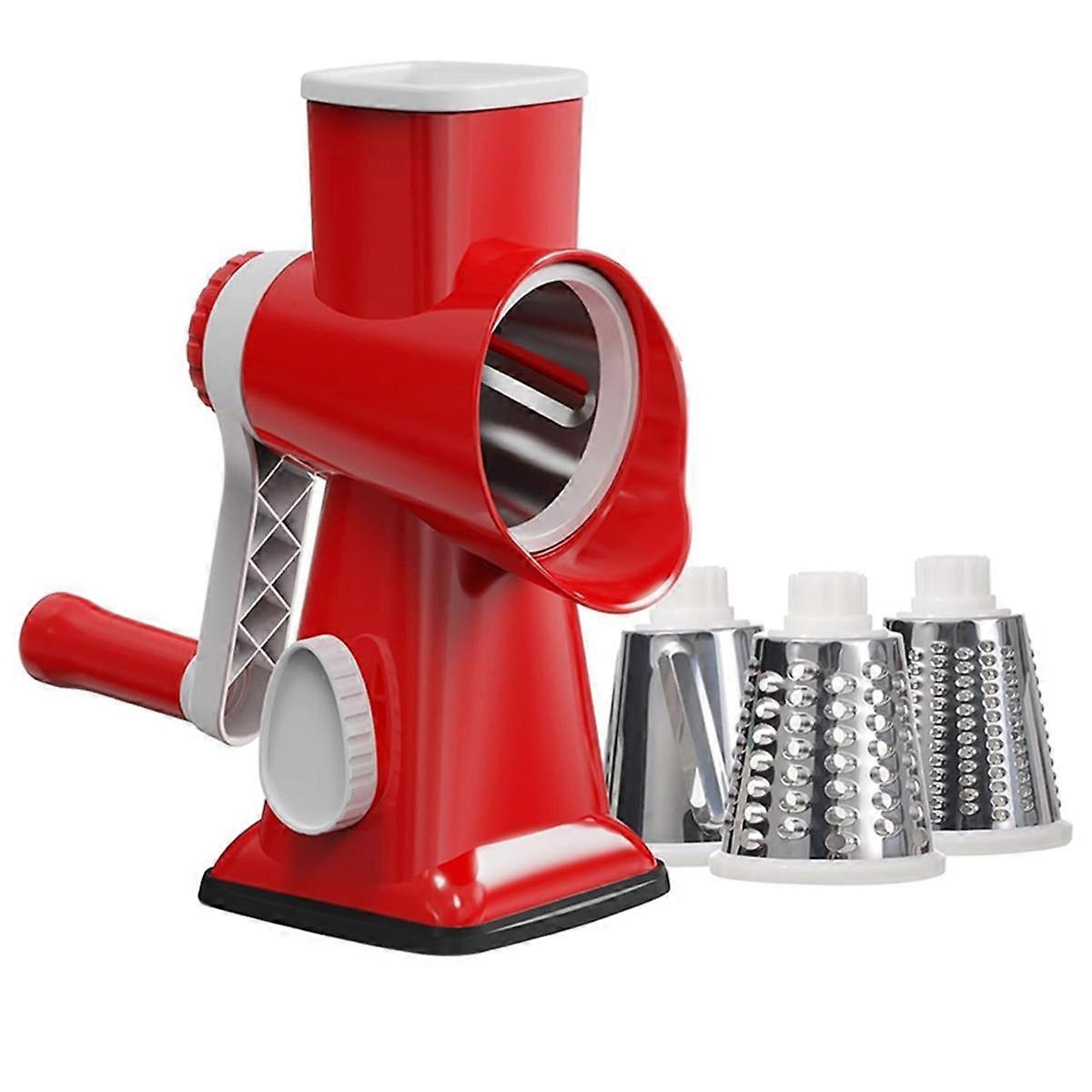 3-in-1 Rotary Cheese Grater, Manual Vegetable Slicer and Nut Grinder, Stainless Steel Kitchen Shredder Red