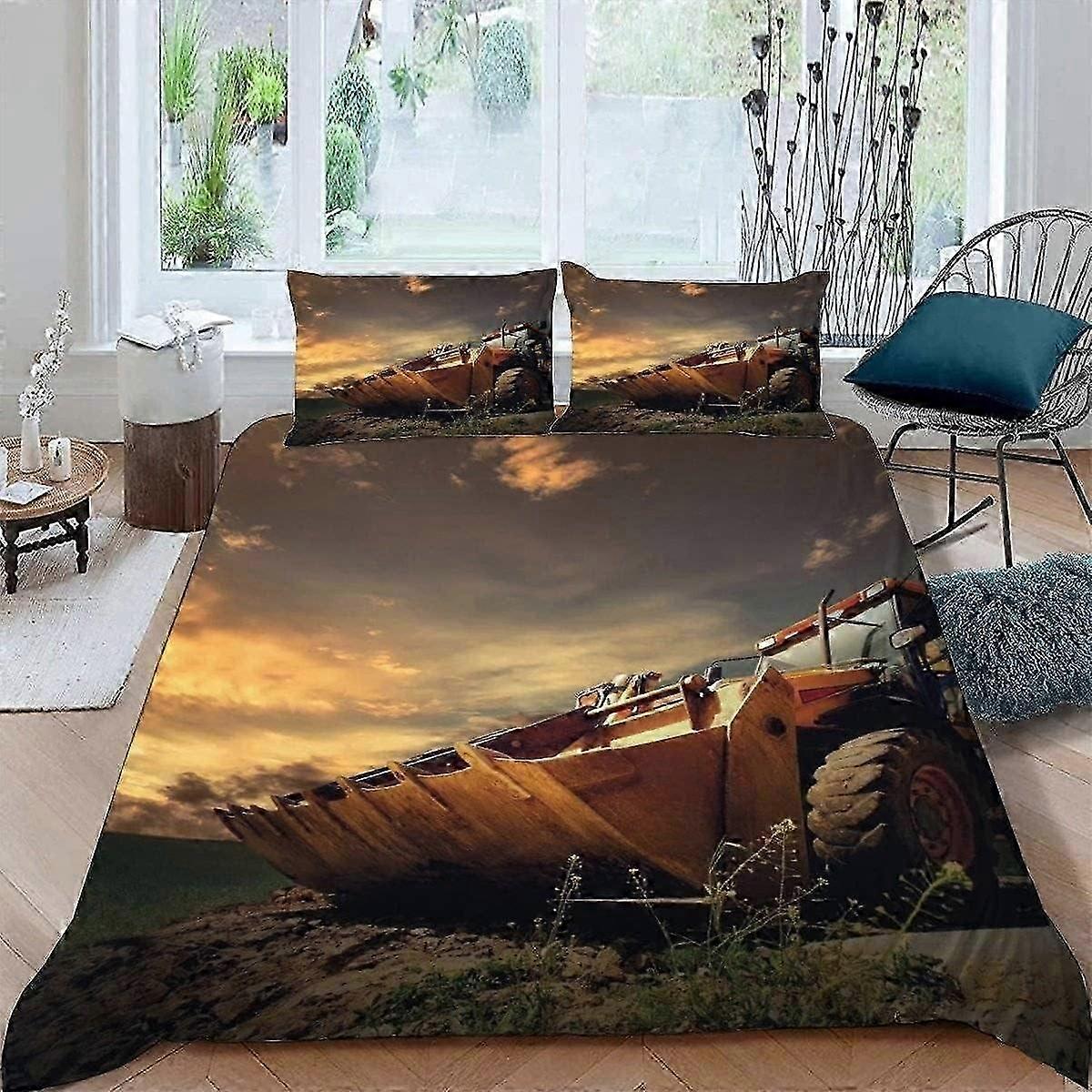 Conjunto de Capa de Edredom Único para Trator 3D J4258 3 Peças Capa de Colcha de Colheitadeira de Microfibra Macia com Fecho de Zíper Roupa de Cama de Fácil Cuidado S