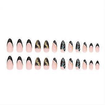 24pcs Ins Style Press On Nails Borboleta Ouro Em Pó Estilo Francês Vestindo Unhas Modelos de Cola Adequados